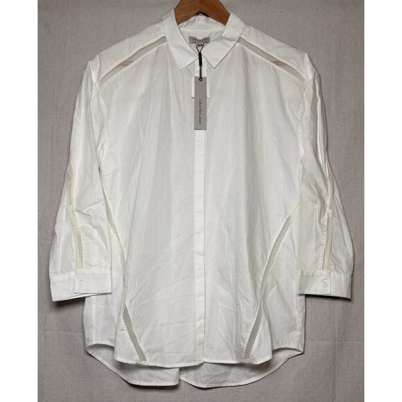 Calvin Klein Collection Tops - Calvin Klein Women’s 3/4 Sleeve Mesh Inserts White Hidden Button Down Shirt Sz M